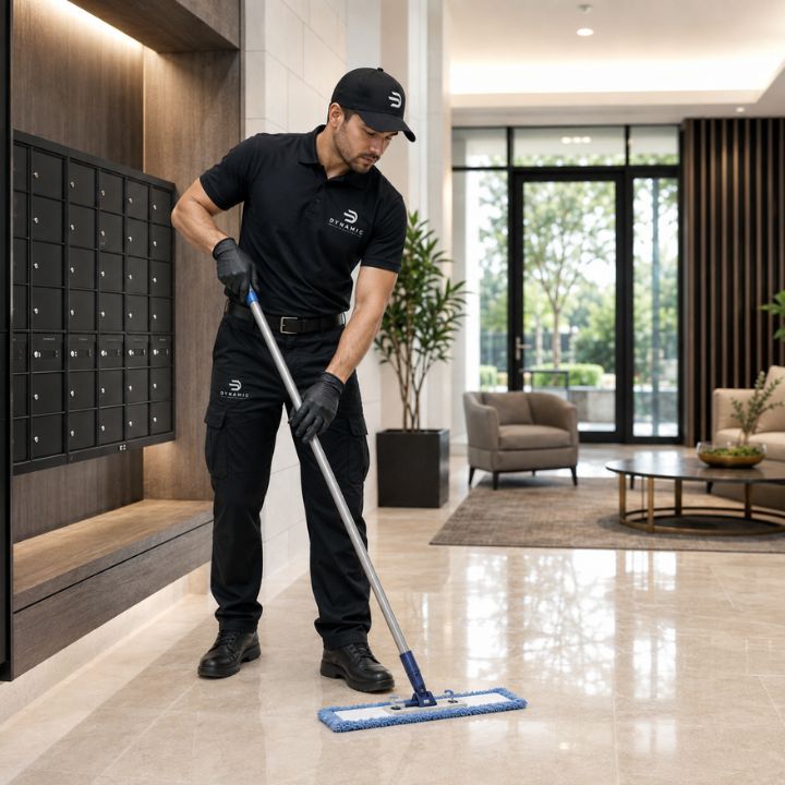 Trained facility cleaning professionals reviewing a service plan